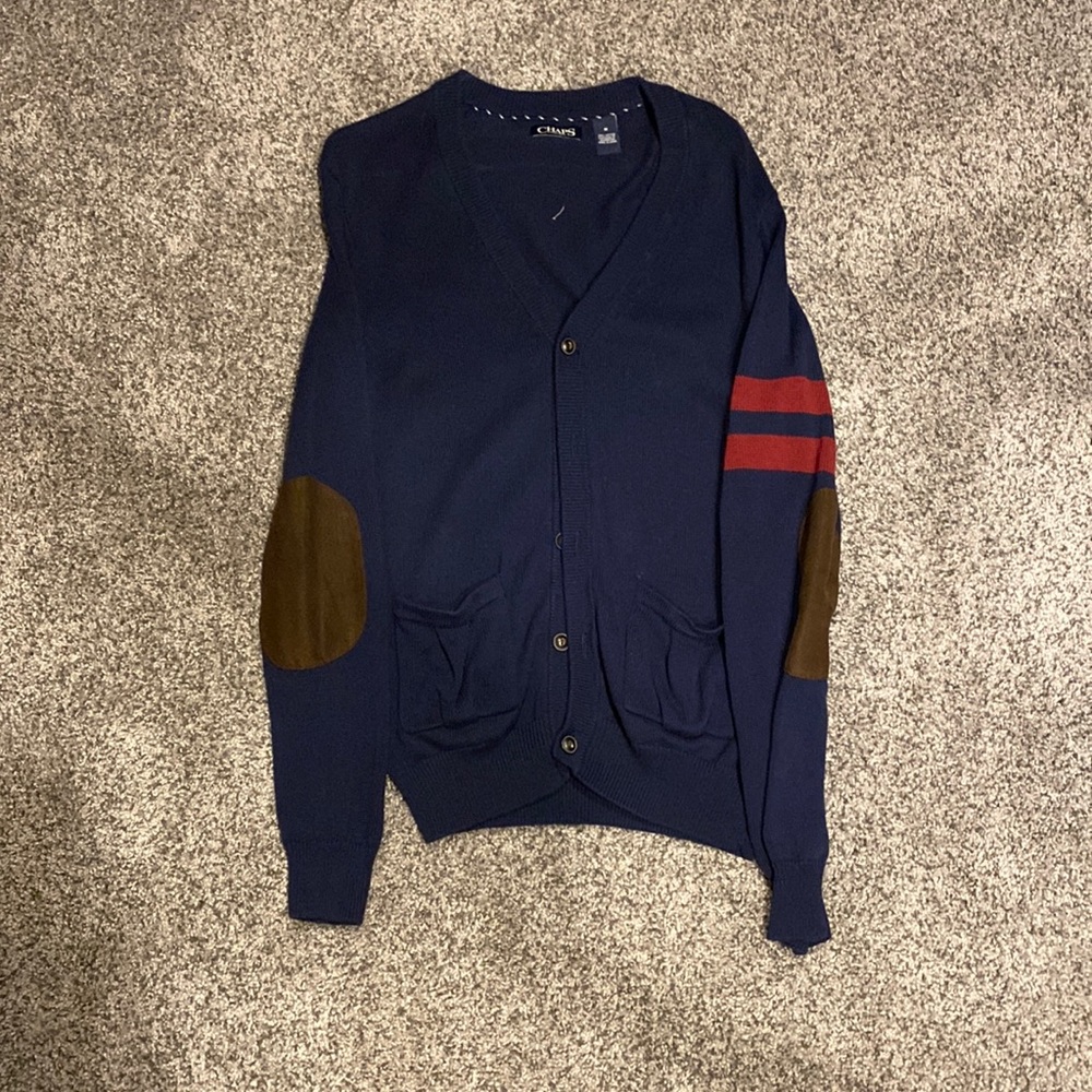 Chaps Blue cardigan sweater with brown elbow accents
